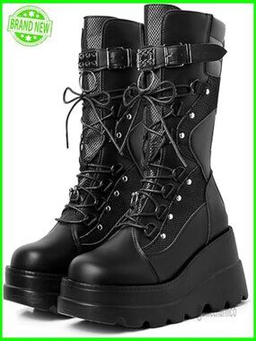 Holographic Platform Mid Calf Combat Boots Lace Up Wedge Goth Boots